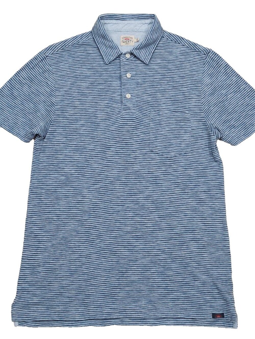 Faherty Polo Shirt Men's Small, Heather Blue Striped, Pocket, Short Sleeve